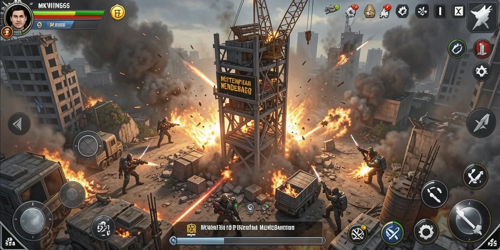 Screenshot gameplay MKWIN666 menampilkan pertempuran menara yang mendebarkan.